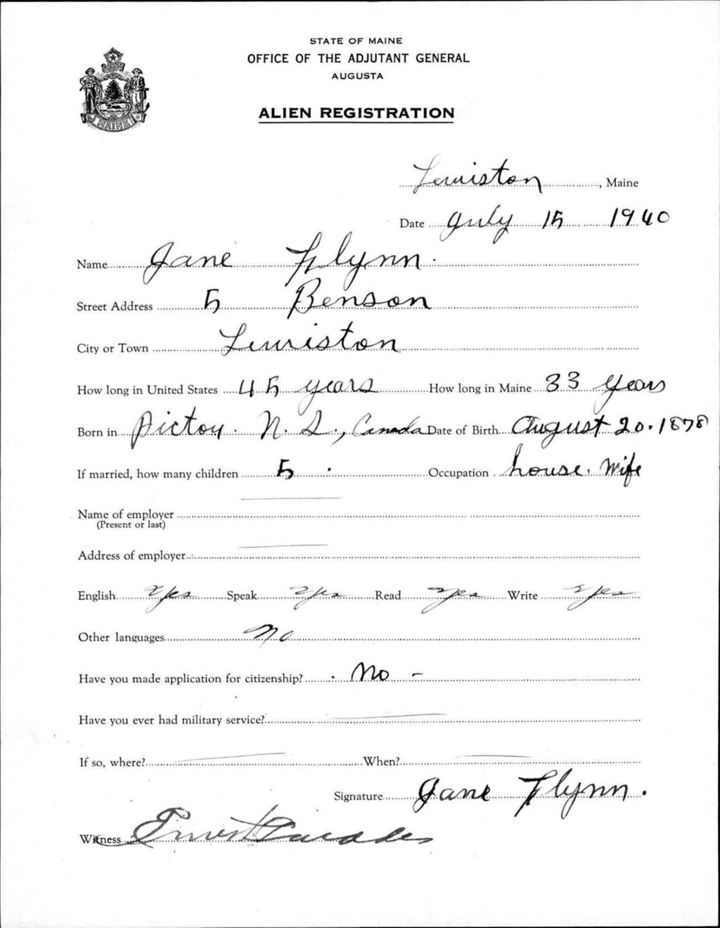 Miniature of Alien Registration- Flynn, Jane (Lewiston, Androscoggin County)