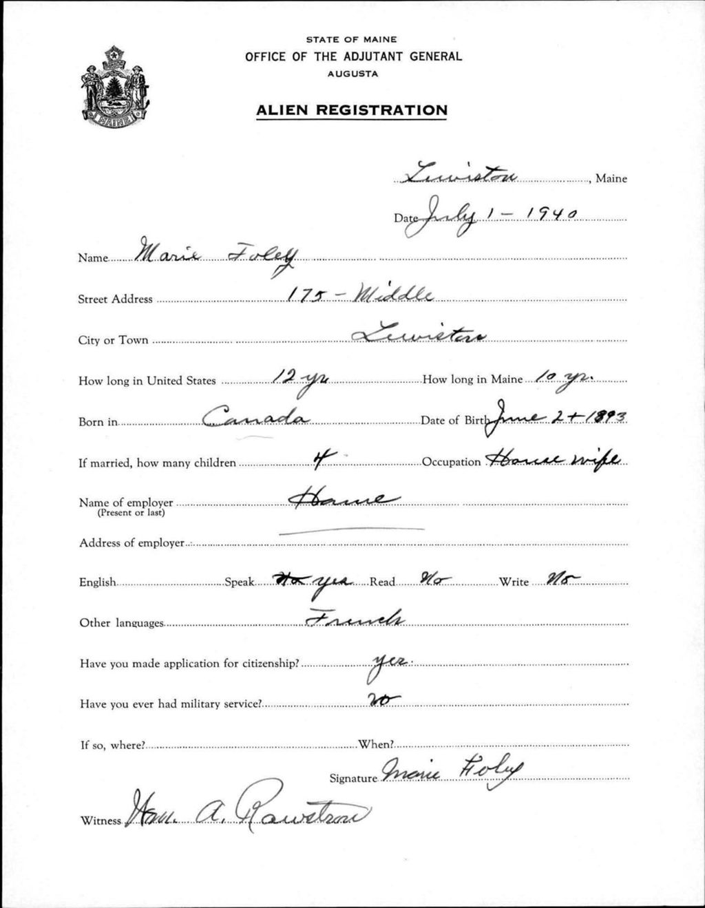 Miniature of Alien Registration- Foley, Marie (Lewiston, Androscoggin County)