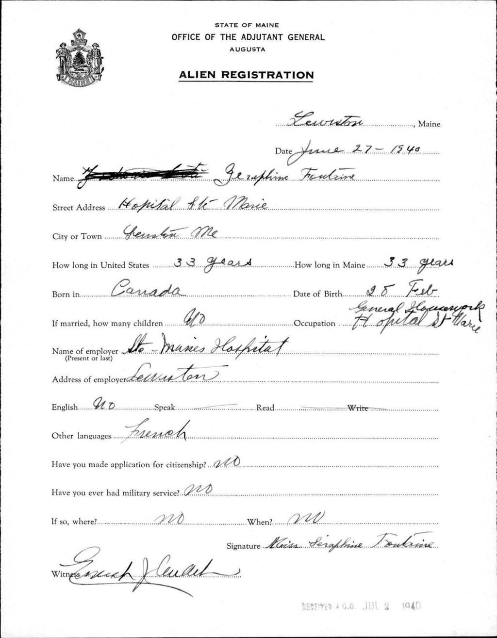 Miniature of Alien Registration- Fontaine, Josephine (Lewiston, Androscoggin County)