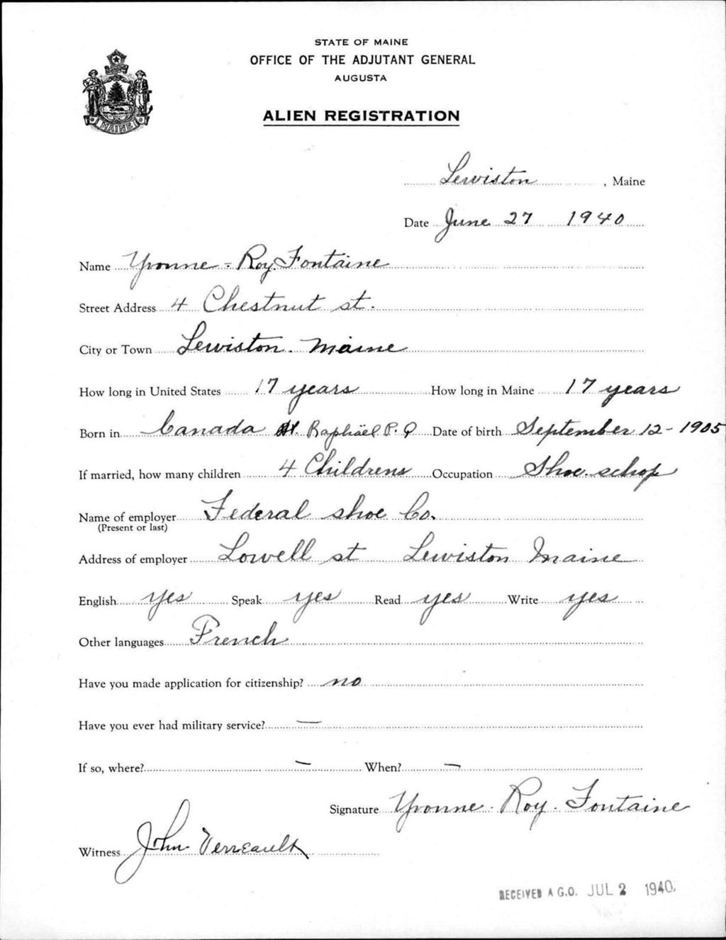 Miniature of Alien Registration- Roy, Yvonne (Lewiston, Androscoggin County)