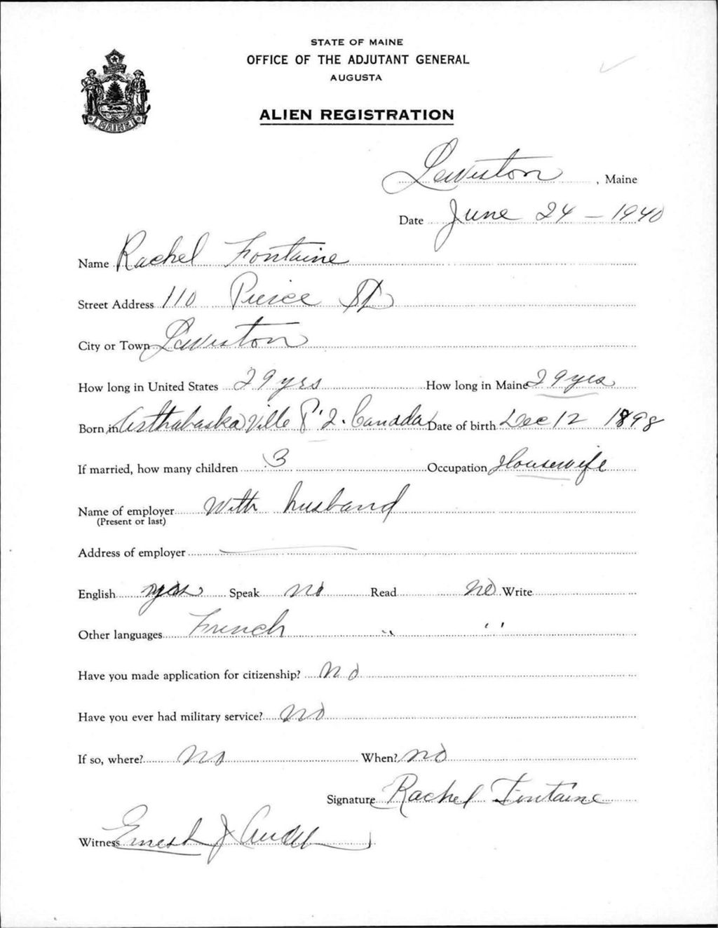 Miniature of Alien Registration- Fontaine, Rachel (Lewiston, Androscoggin County)
