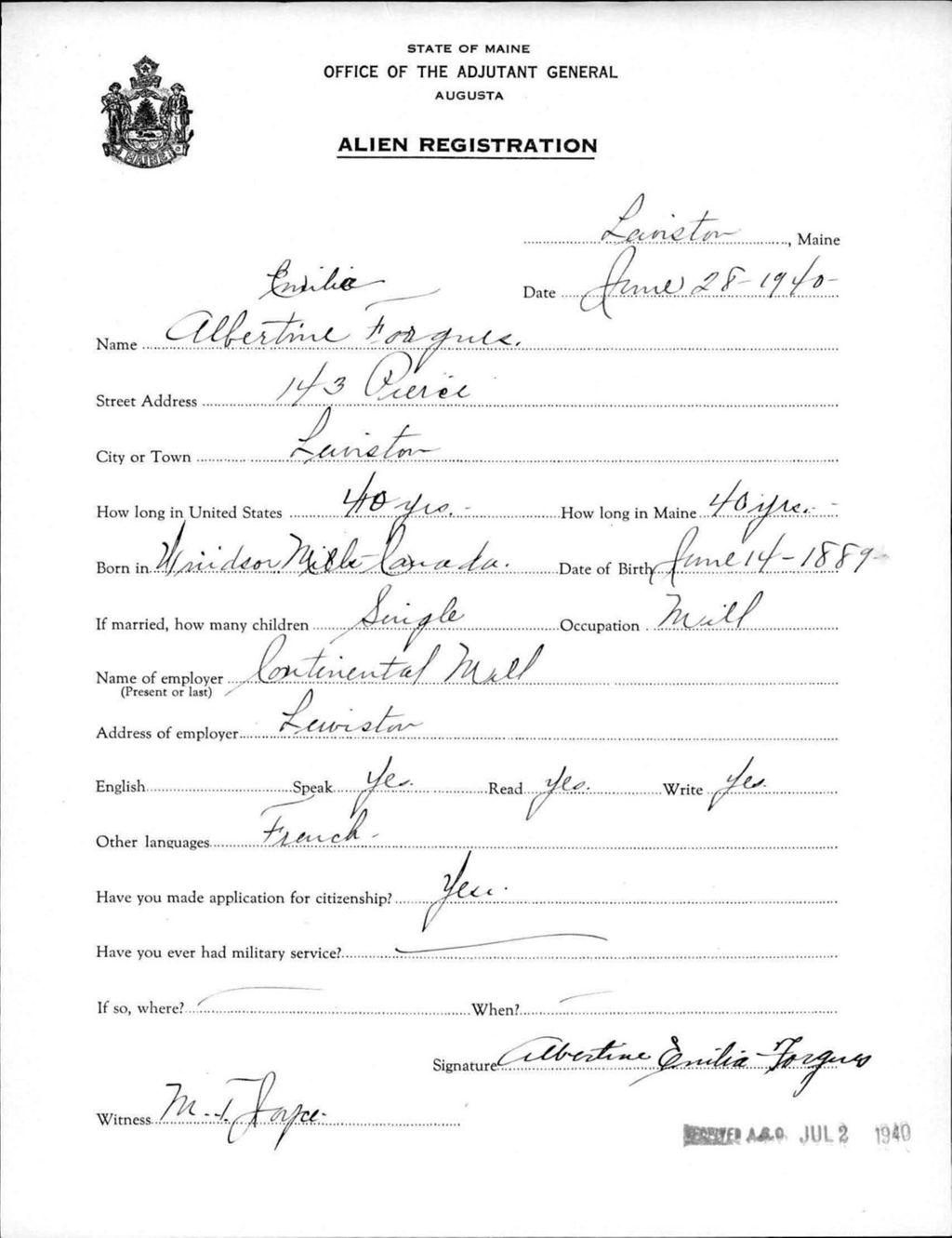 Miniature of Alien Registration- Forgues, Albertine E. (Lewiston, Androscoggin County)