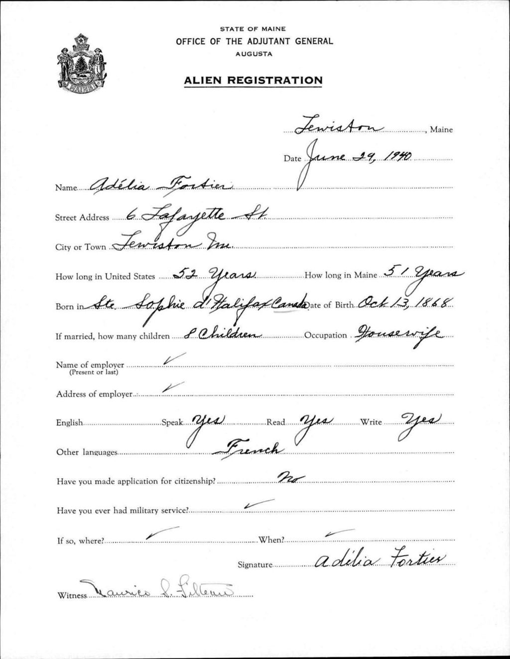Miniature of Alien Registration- Fortier, Adelia (Lewiston, Androscoggin County)
