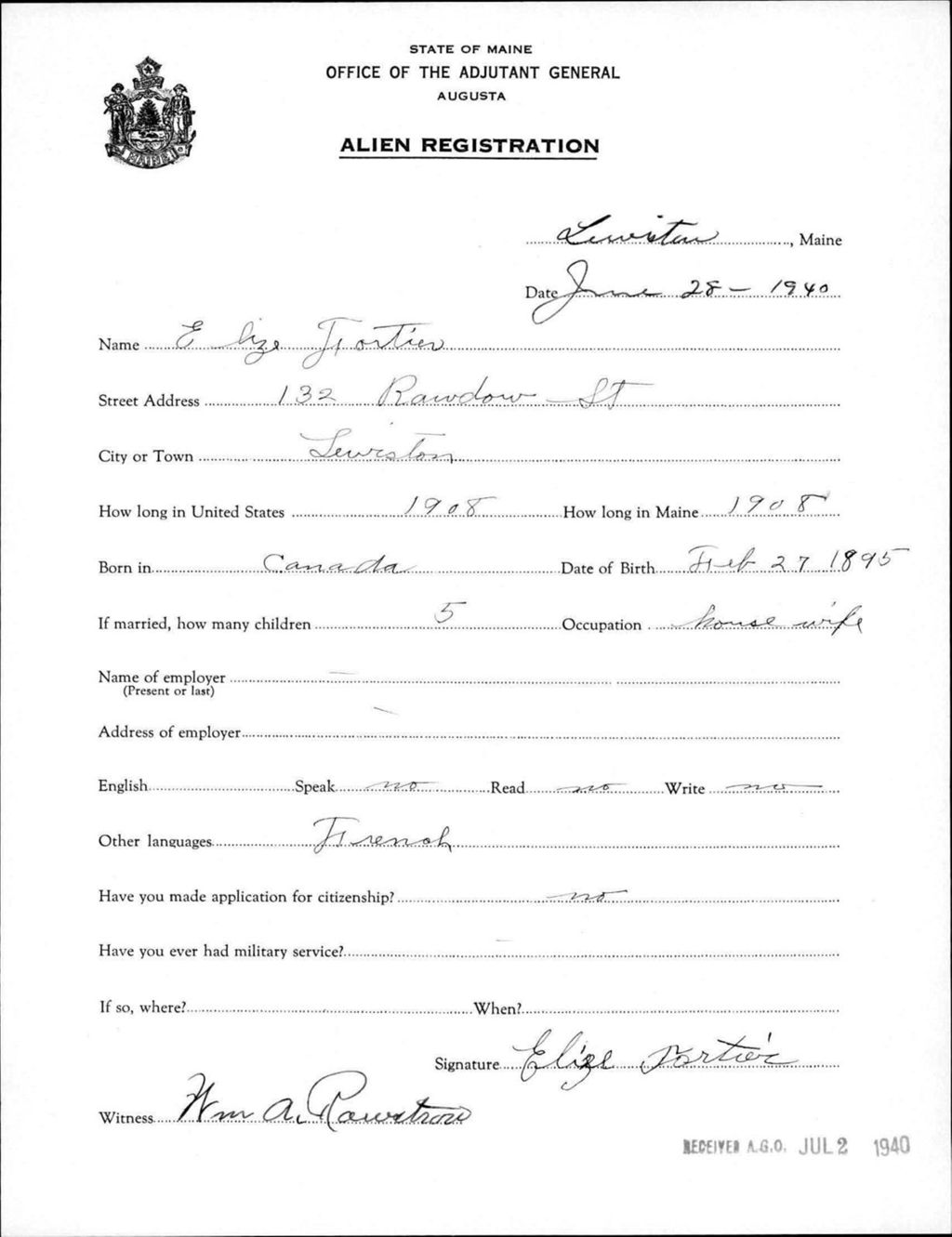 Miniature of Alien Registration- Fortier, Elize (Lewiston, Androscoggin County)