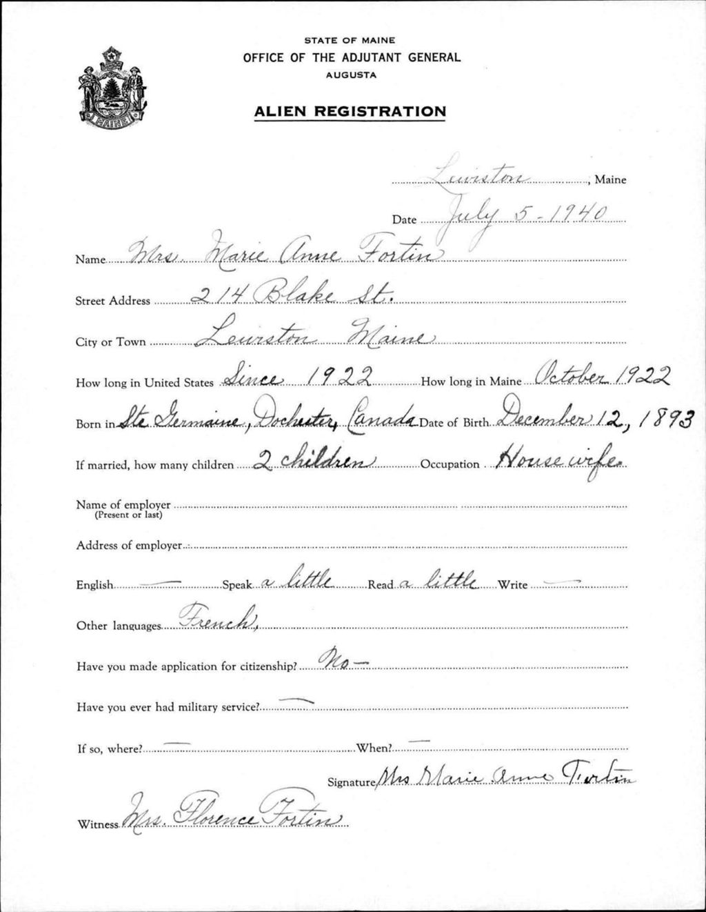 Miniature of Alien Registration- Fortin, Marie Anne (Lewiston, Androscoggin County)