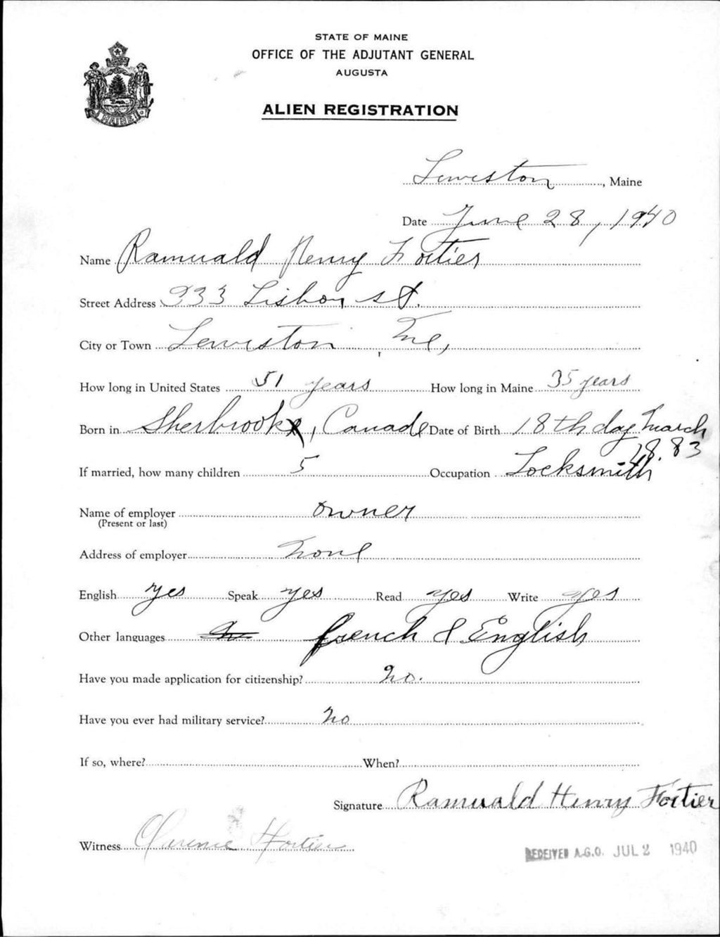Miniature of Alien Registration- Fortier, Ramuald H. (Lewiston, Androscoggin County)