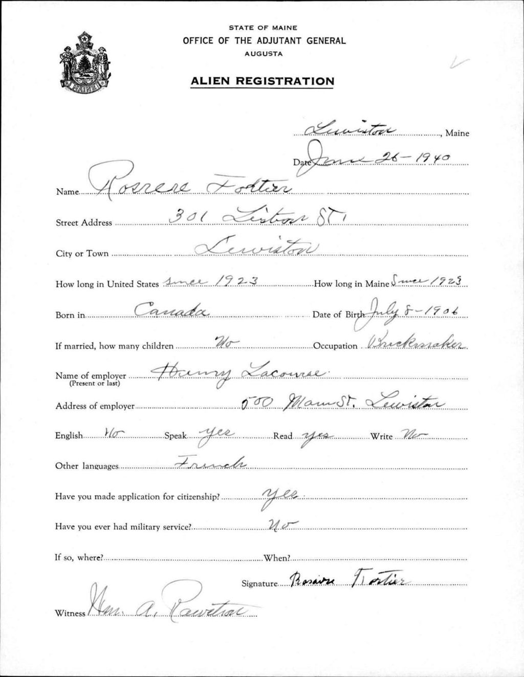 Miniature of Alien Registration- Fortier, Rosaire (Lewiston, Androscoggin County)