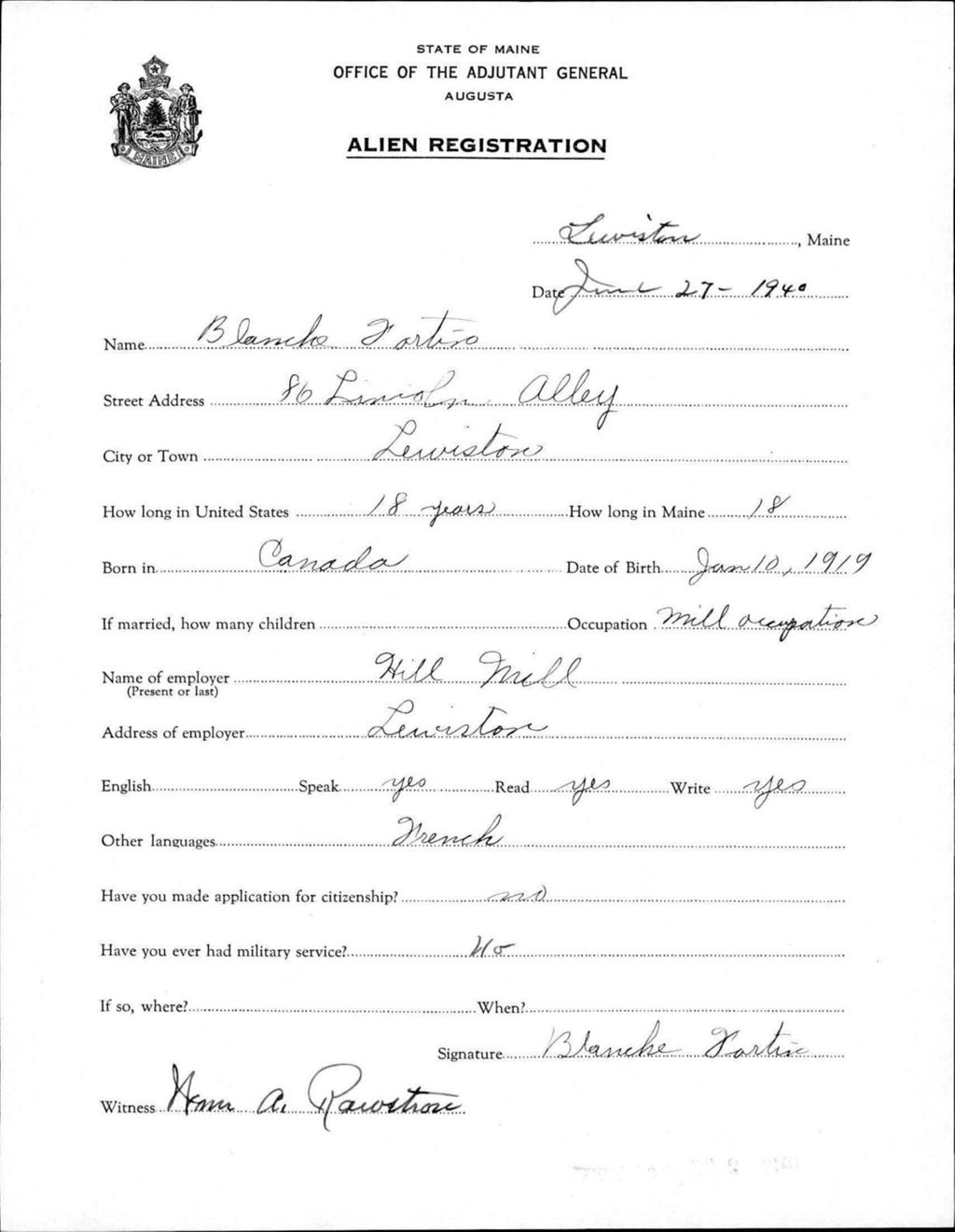 Miniature of Alien Registration- Fortin, Blanche (Lewiston, Androscoggin County)