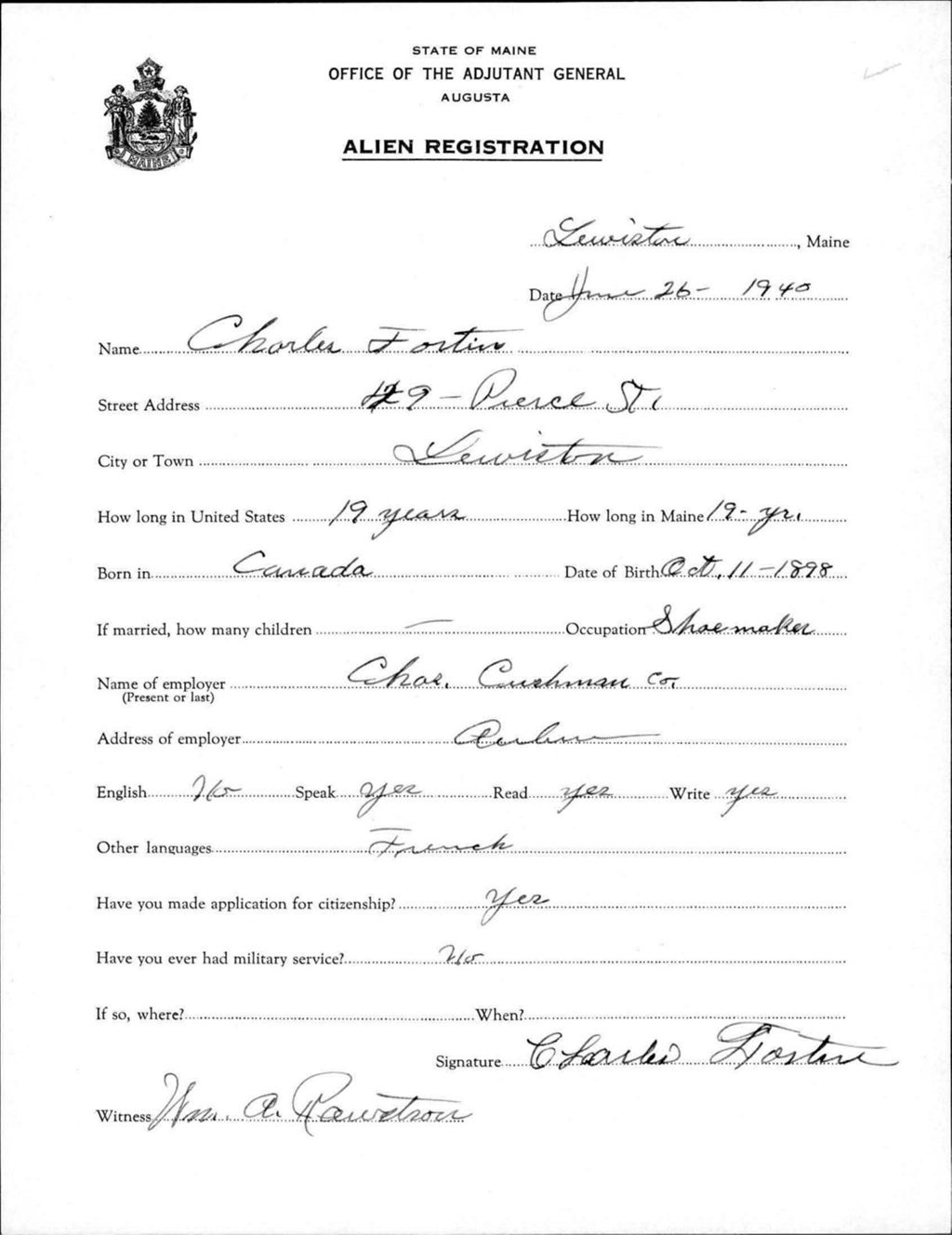 Miniature of Alien Registration- Fortin, Charles (Lewiston, Androscoggin County)