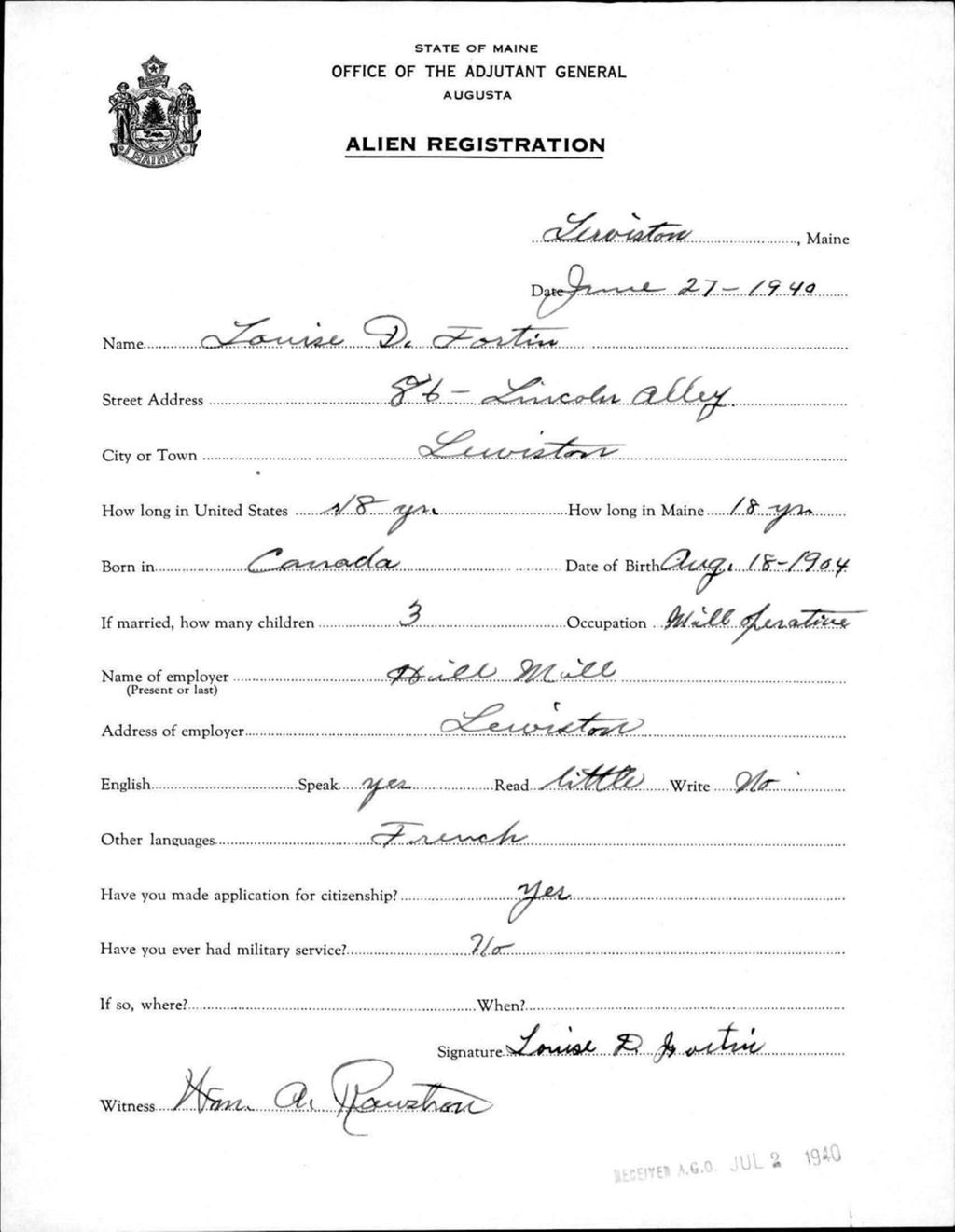 Miniature of Alien Registration- Fortin, Louise D. (Lewiston, Androscoggin County)