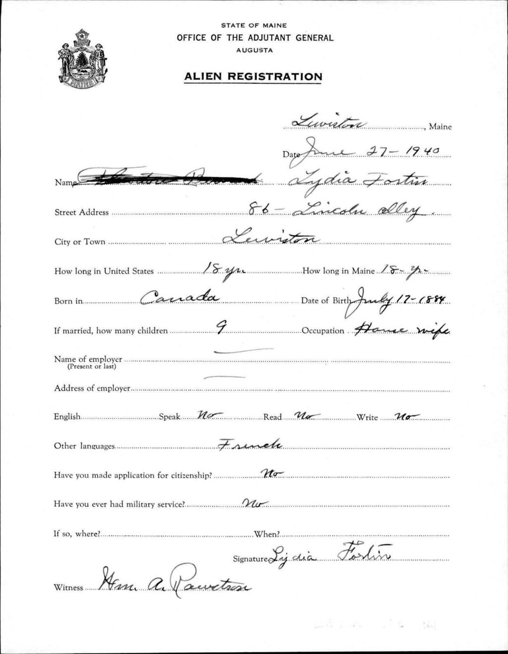 Miniature of Alien Registration- Fortin, Lydia (Lewiston, Androscoggin County)