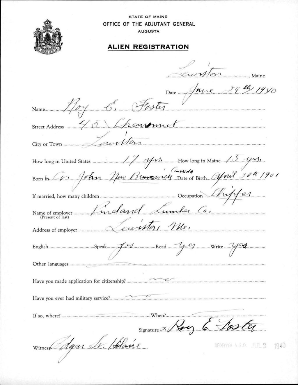 Miniature of Alien Registration- Foster, Roy E. (Lewiston, Androscoggin County)