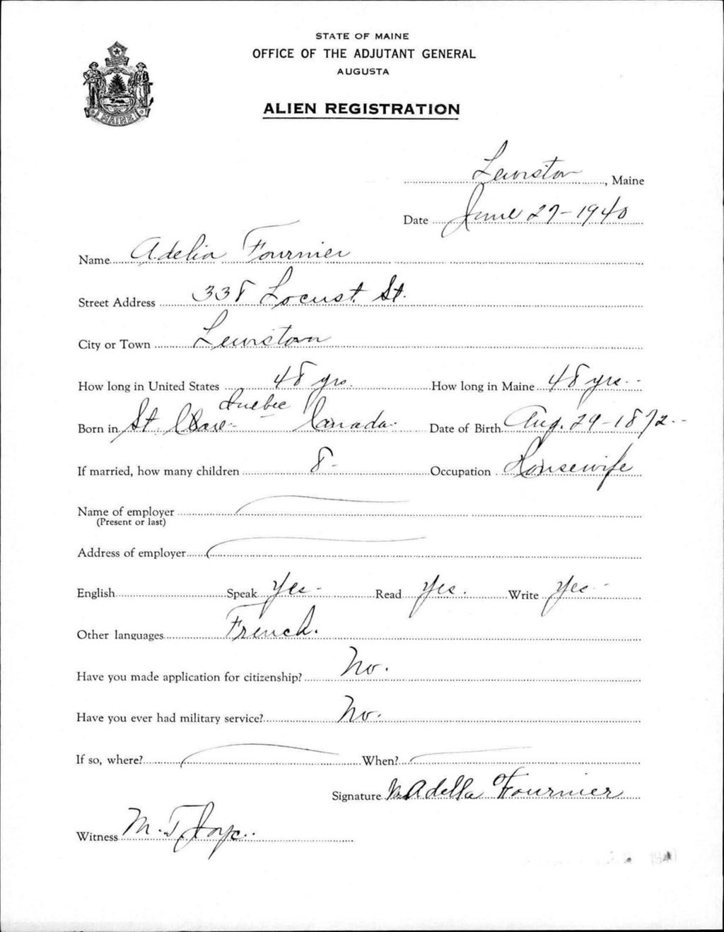 Miniature of Alien Registration- Fournier, Adelia (Lewiston, Androscoggin County)