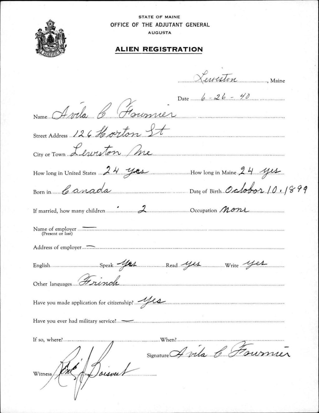 Miniature of Alien Registration- Fournier, Avila C. (Lewiston, Androscoggin County)