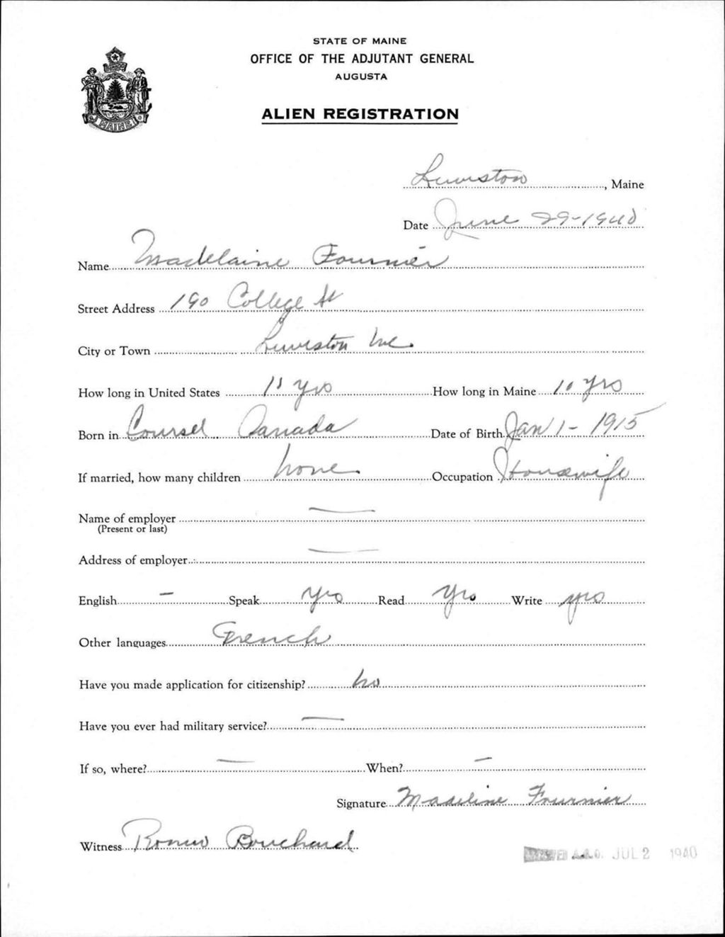 Miniature of Alien Registration- Fournier, Madelaine (Lewiston, Androscoggin County)