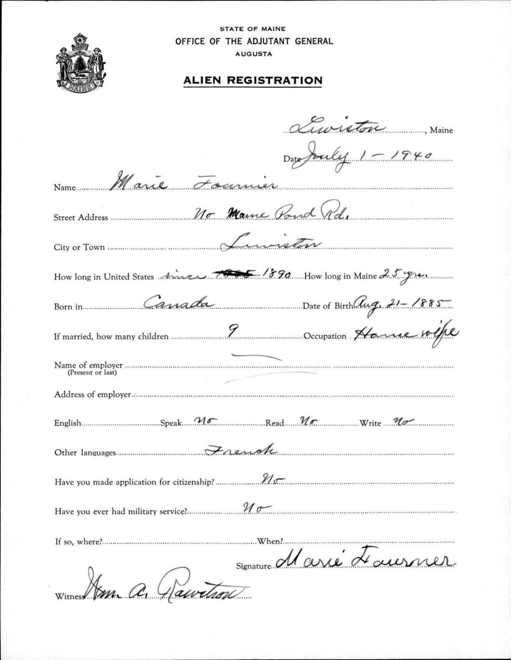 Miniature of Alien Registration- Fournier, Marie (Lewiston, Androscoggin County)