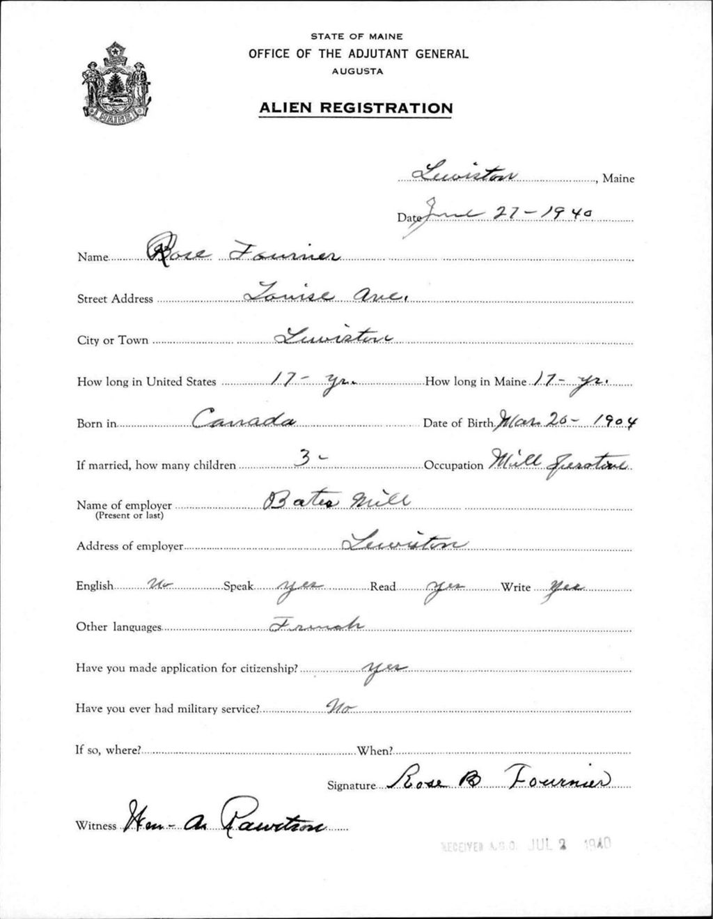 Miniature of Alien Registration- Fournier, Rose (Lewiston, Androscoggin County)