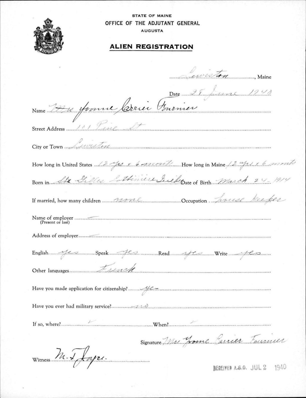 Miniature of Alien Registration- Carrier, Yvonne (Lewiston, Androscoggin County)
