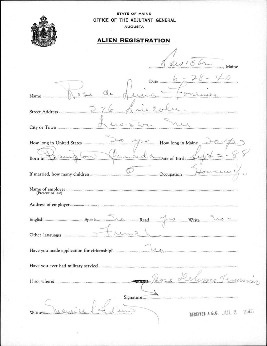 Miniature of Alien Registration- Fournier, Rose D. (Lewiston, Androscoggin County)