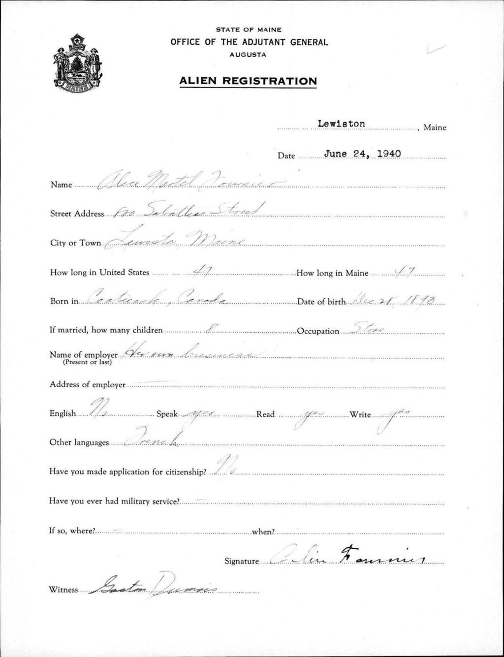 Miniature of Alien Registration- Martel, Alice (Lewiston, Androscoggin County)