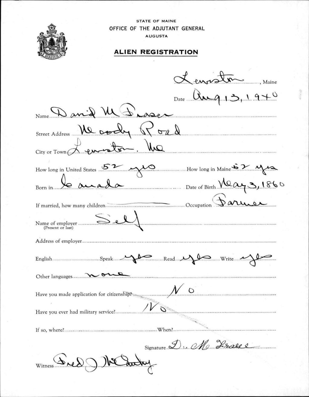 Miniature of Alien Registration- Fraser, David M. (Lewiston, Androscoggin County)