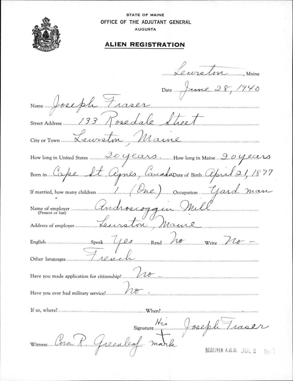 Miniature of Alien Registration- Fraser, Joseph (Lewiston, Androscoggin County)