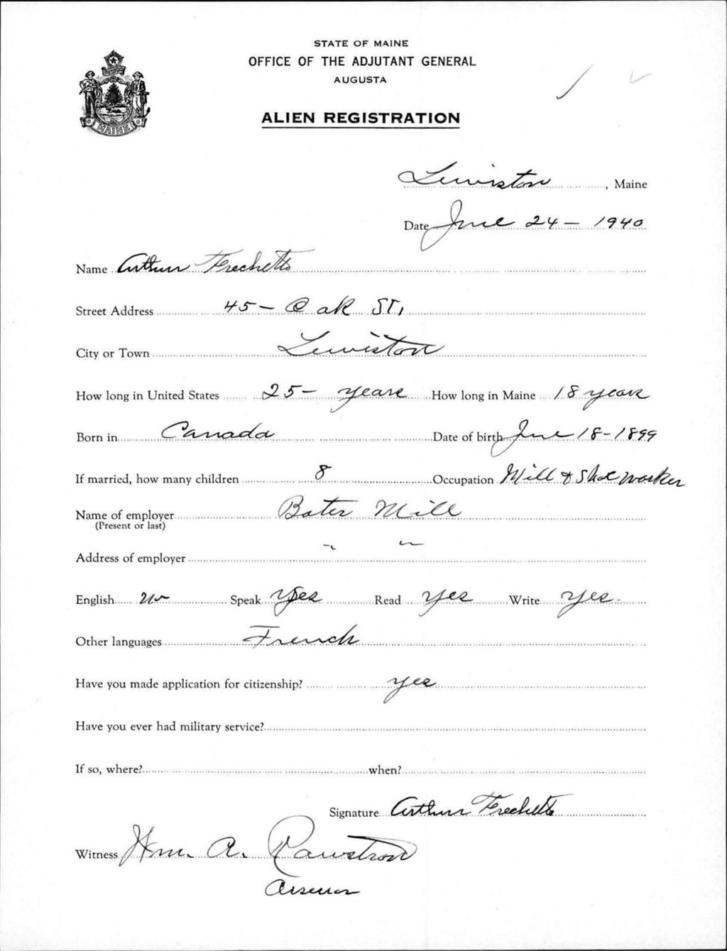 Miniature of Alien Registration- Frechette, Arthur (Lewiston, Androscoggin County)