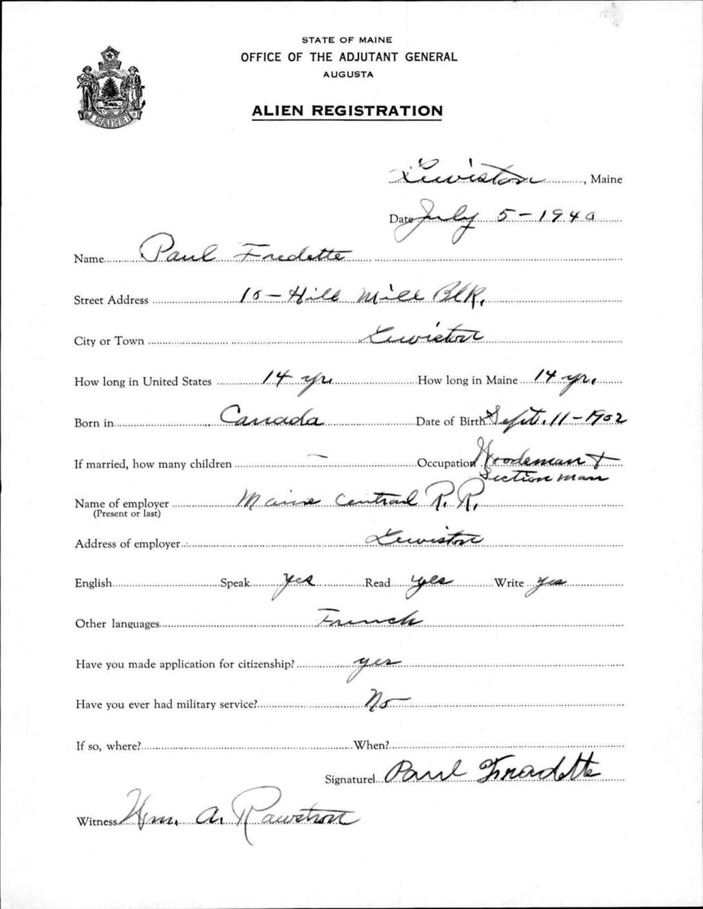 Miniature of Alien Registration- Fredette, Paul (Lewiston, Androscoggin County)