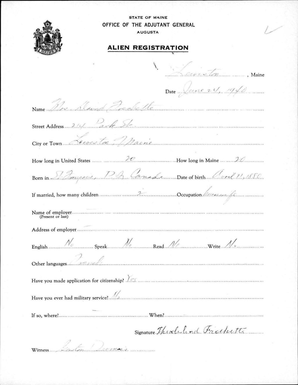 Miniature of Alien Registration- Frechette, Throcheland (Lewiston, Androscoggin County)