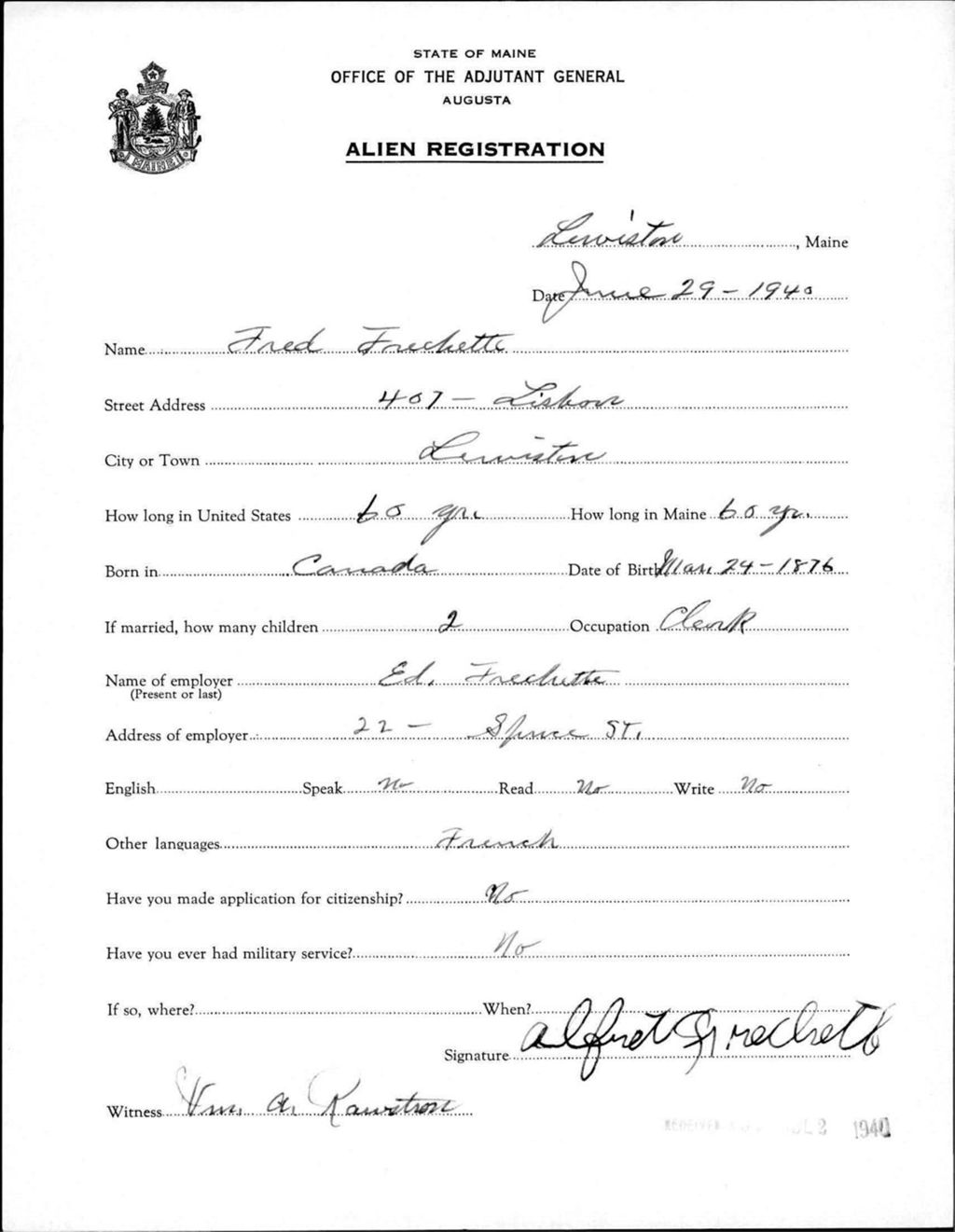 Miniature of Alien Registration- Frechette, Fred (Lewiston, Androscoggin County)