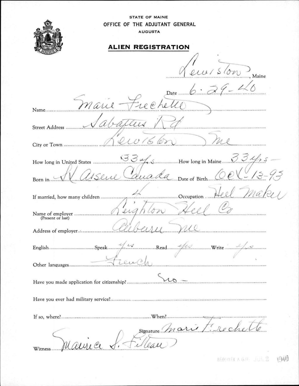 Miniature of Alien Registration- Frechette, Marie (Lewiston, Androscoggin County)