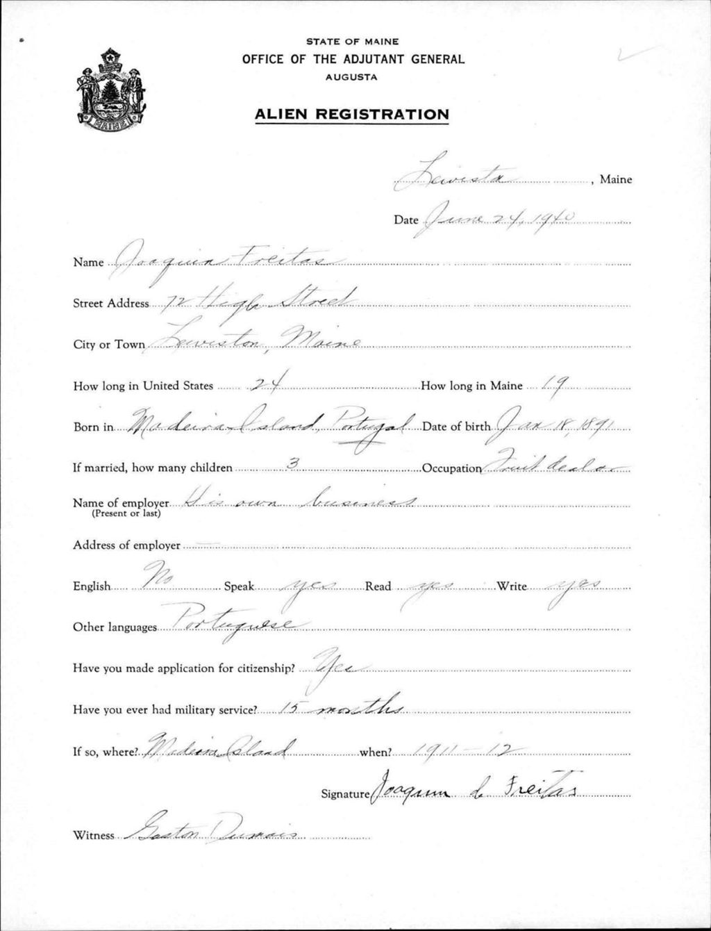 Miniature of Alien Registration- Freitas, Joaquin (Lewiston, Androscoggin County)