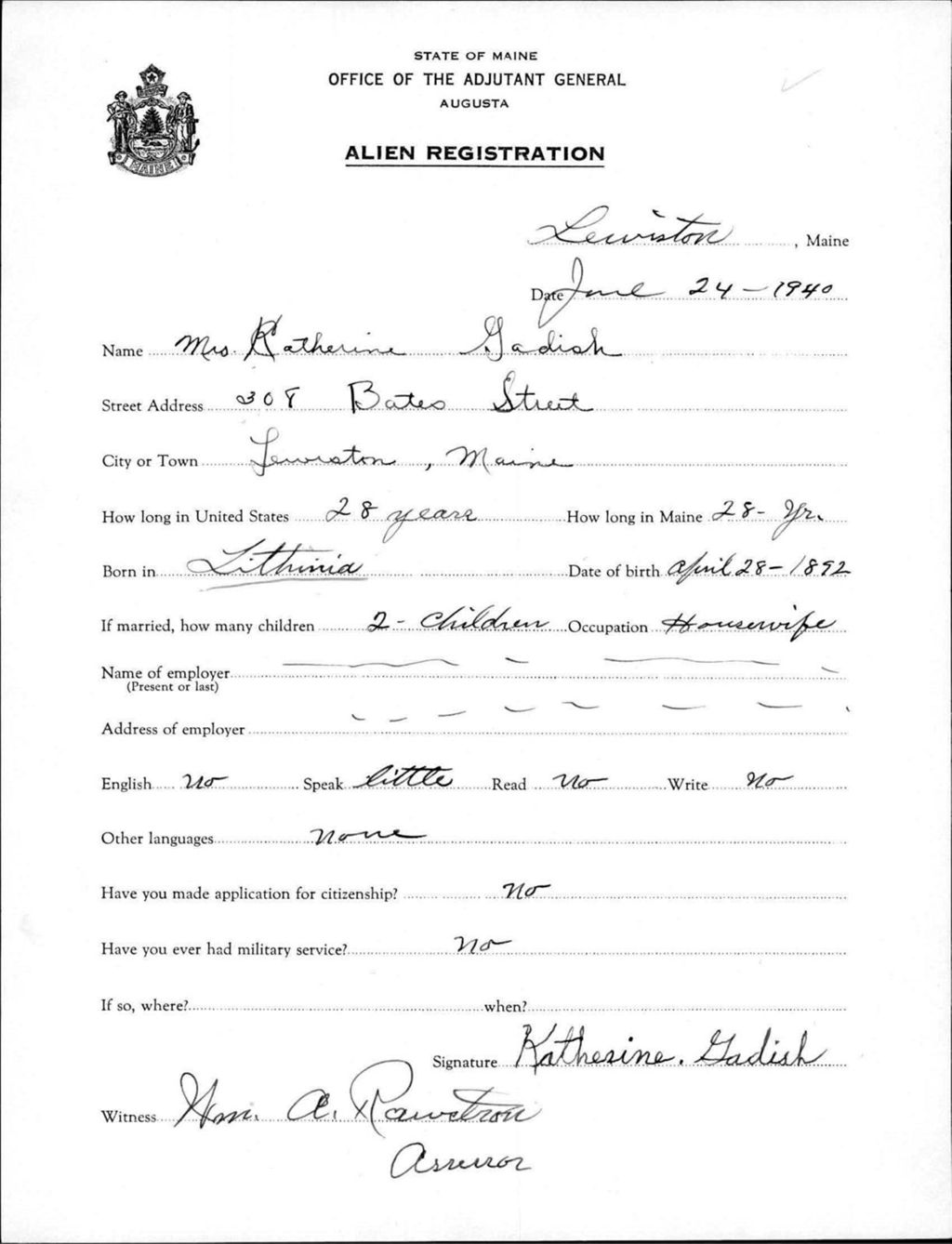 Miniature of Alien Registration- Gadish, Catherine (Lewiston, Androscoggin County)