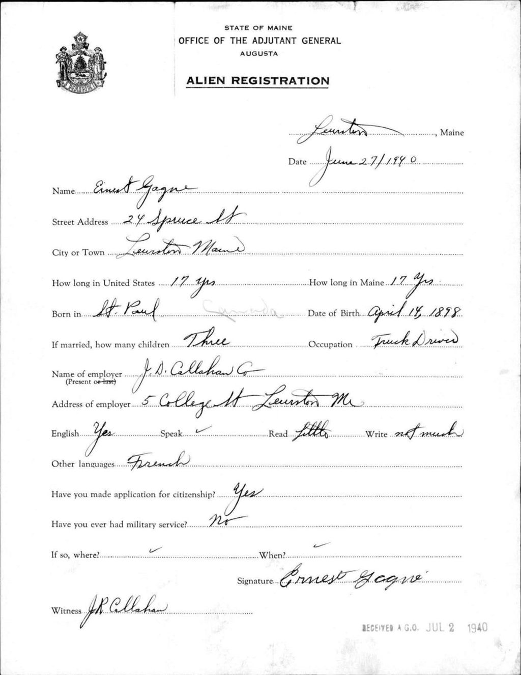 Miniature of Alien Registration- Gagne, Ernest (Lewiston, Androscoggin County)