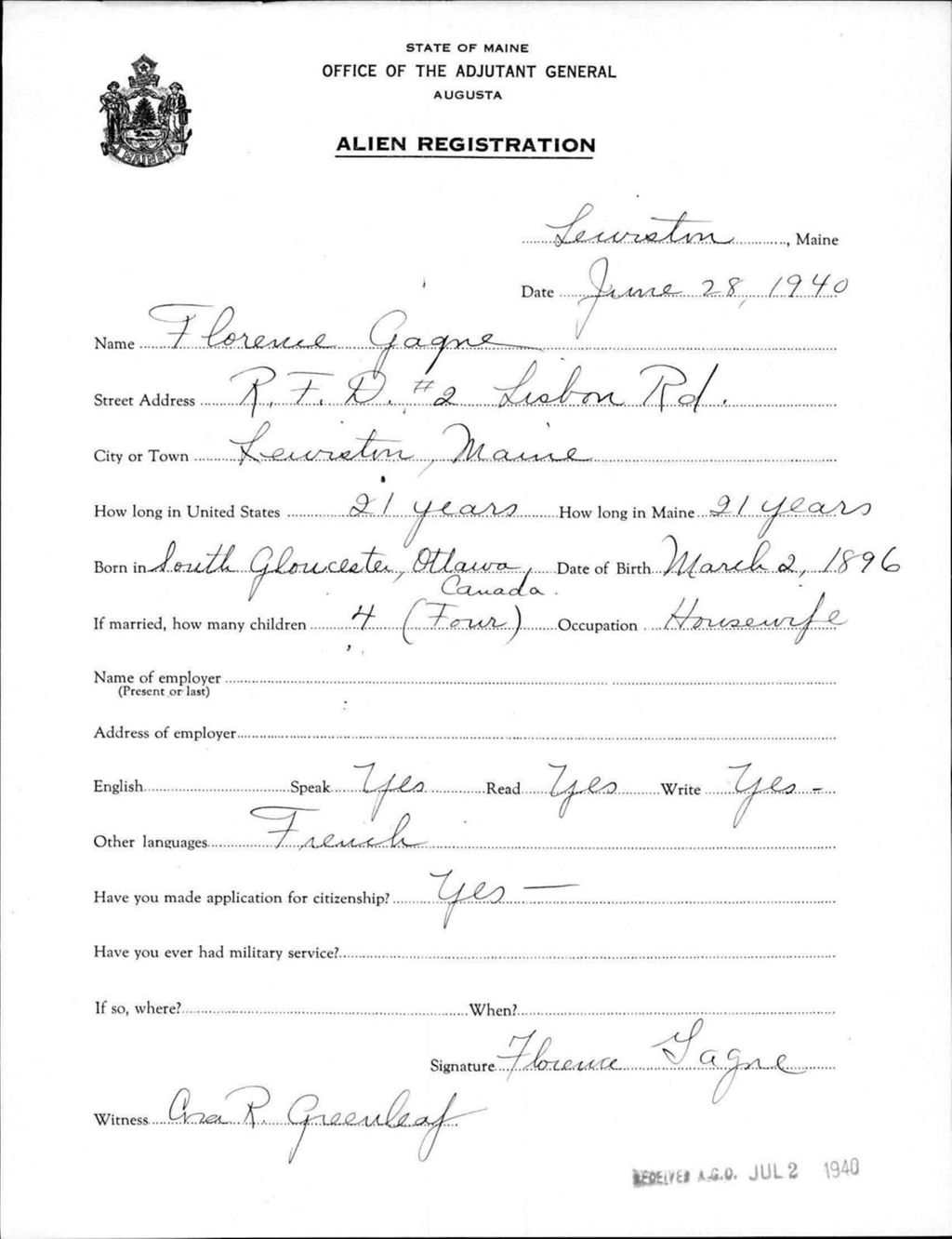 Miniature of Alien Registration- Gagne, Florence (Lewiston, Androscoggin County)