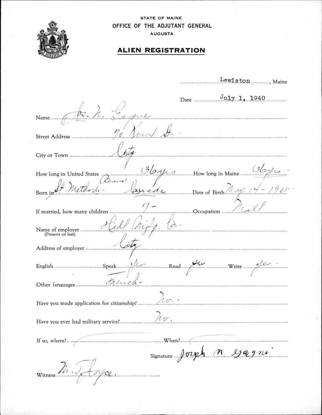 Miniature of Alien Registration- Gagne, Joseph N. (Lewiston, Androscoggin County)