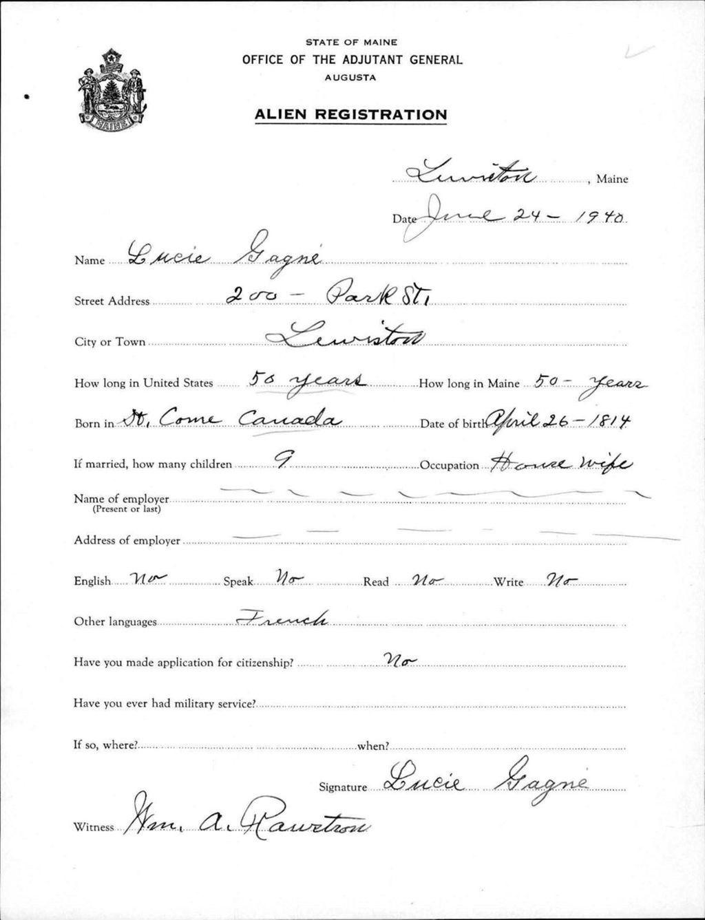 Miniature of Alien Registration- Gagne, Lucie (Lewiston, Androscoggin County)