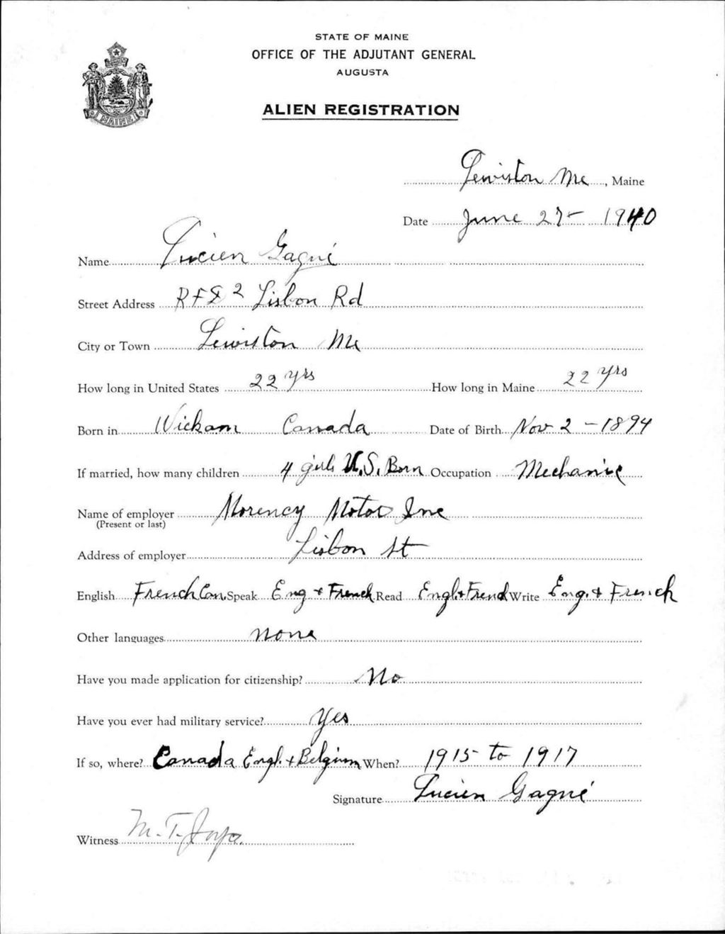 Miniature of Alien Registration- Gagne, Lucien (Lewiston, Androscoggin County)