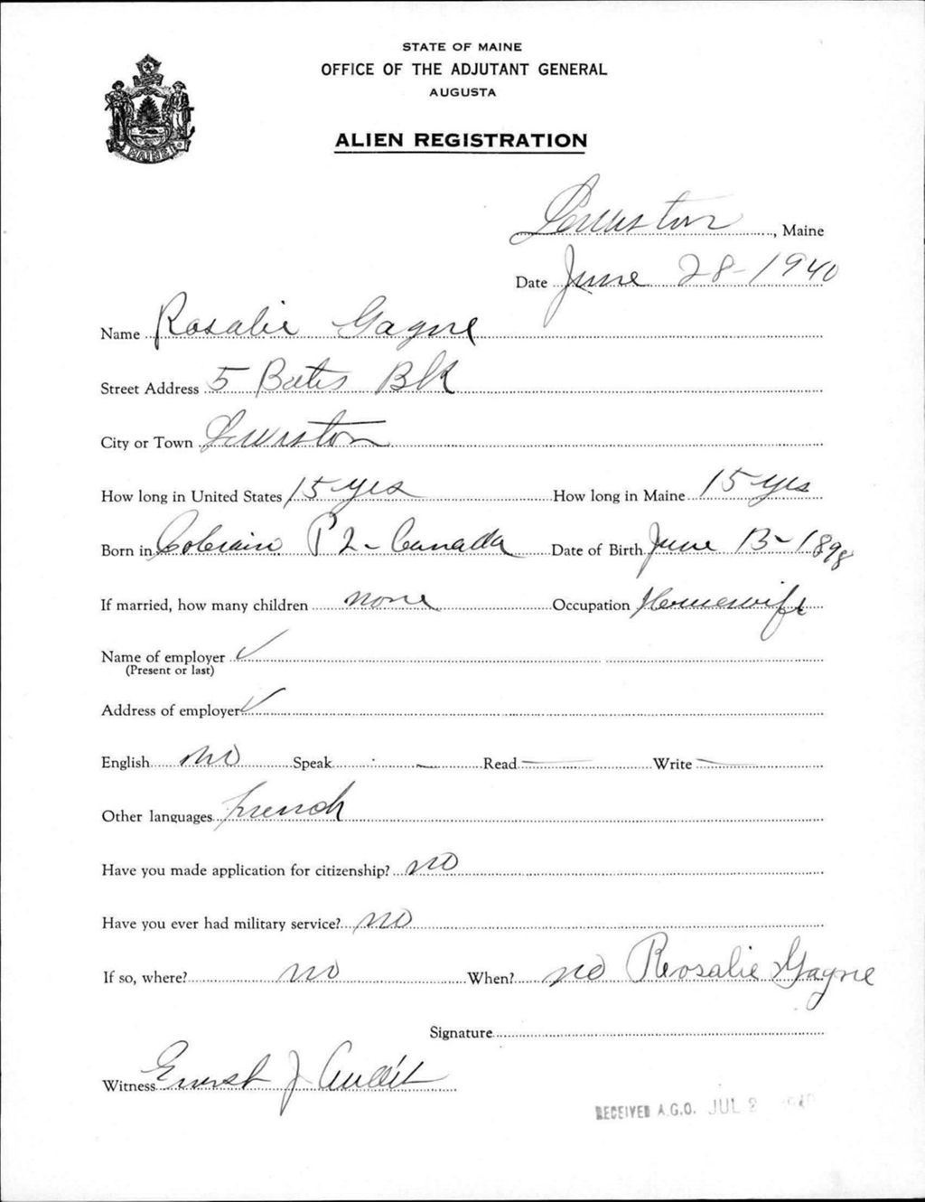 Miniature of Alien Registration- Gagne, Rosalie (Lewiston, Androscoggin County)