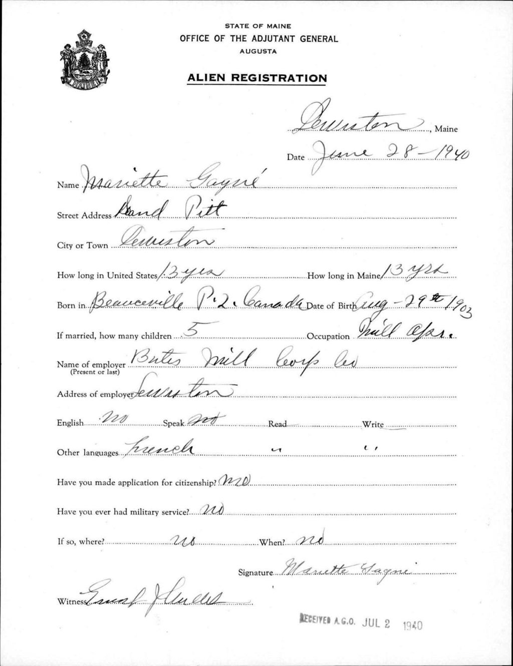 Miniature of Alien Registration- Gagne, Mariette (Lewiston, Androscoggin County)