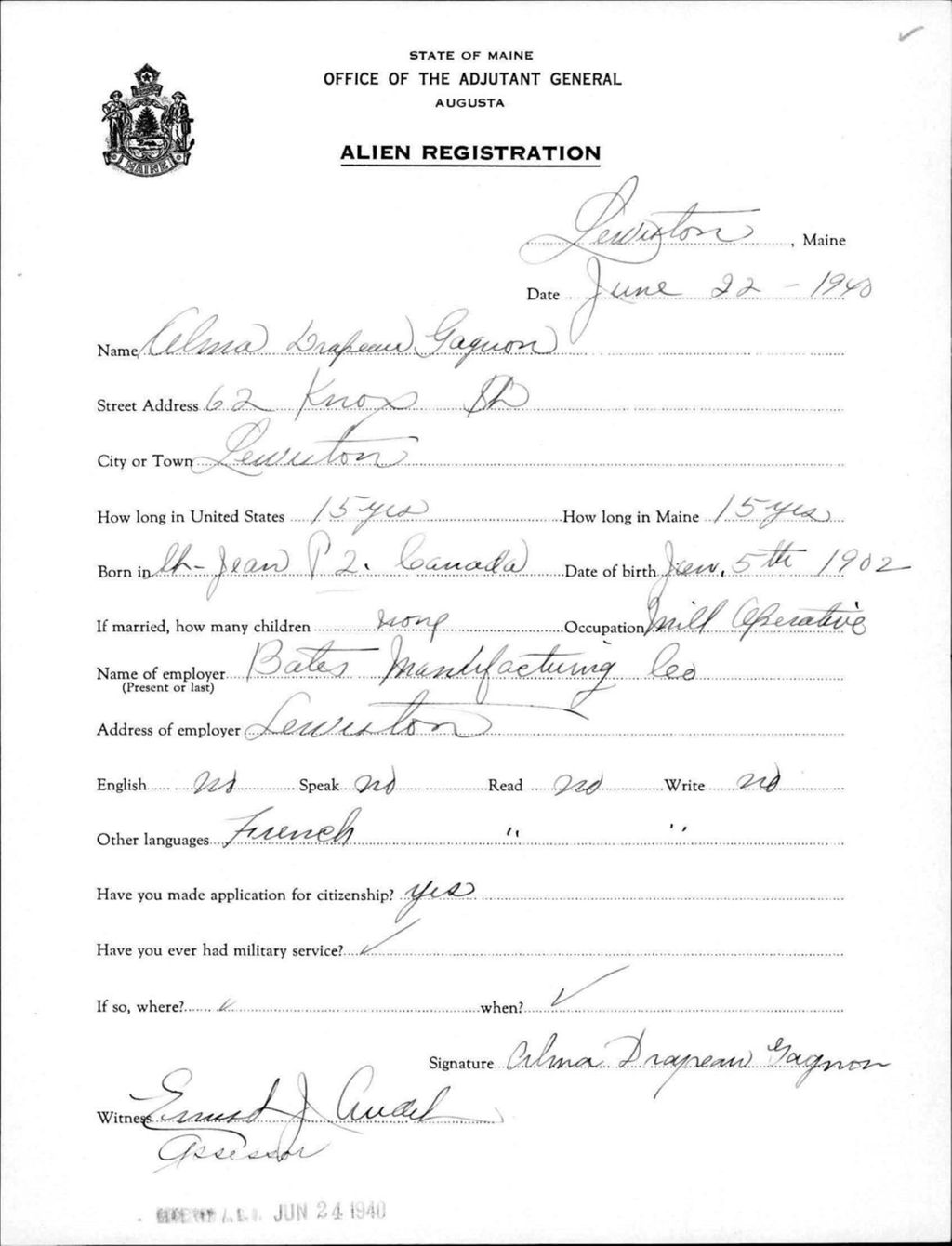Miniature of Alien Registration- Drapeau, Alma (Lewiston, Androscoggin County)