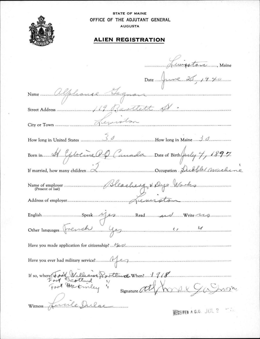 Miniature of Alien Registration- Gagnon, Alphonse (Lewiston, Androscoggin County)