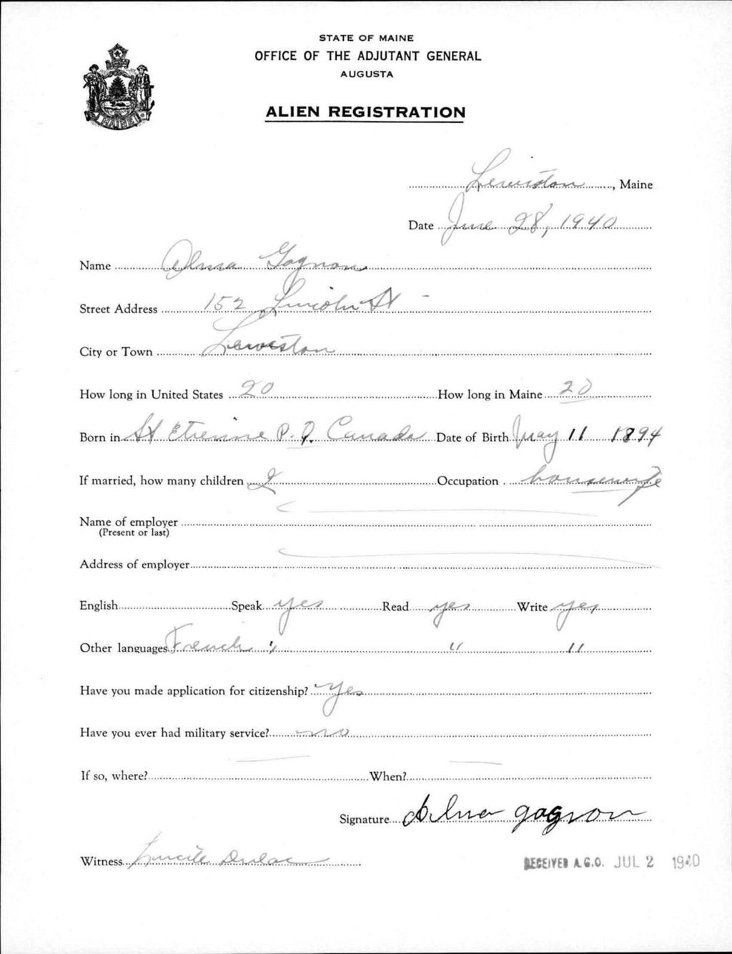 Miniature of Alien Registration- Gagnon, Alma (Lewiston, Androscoggin County)