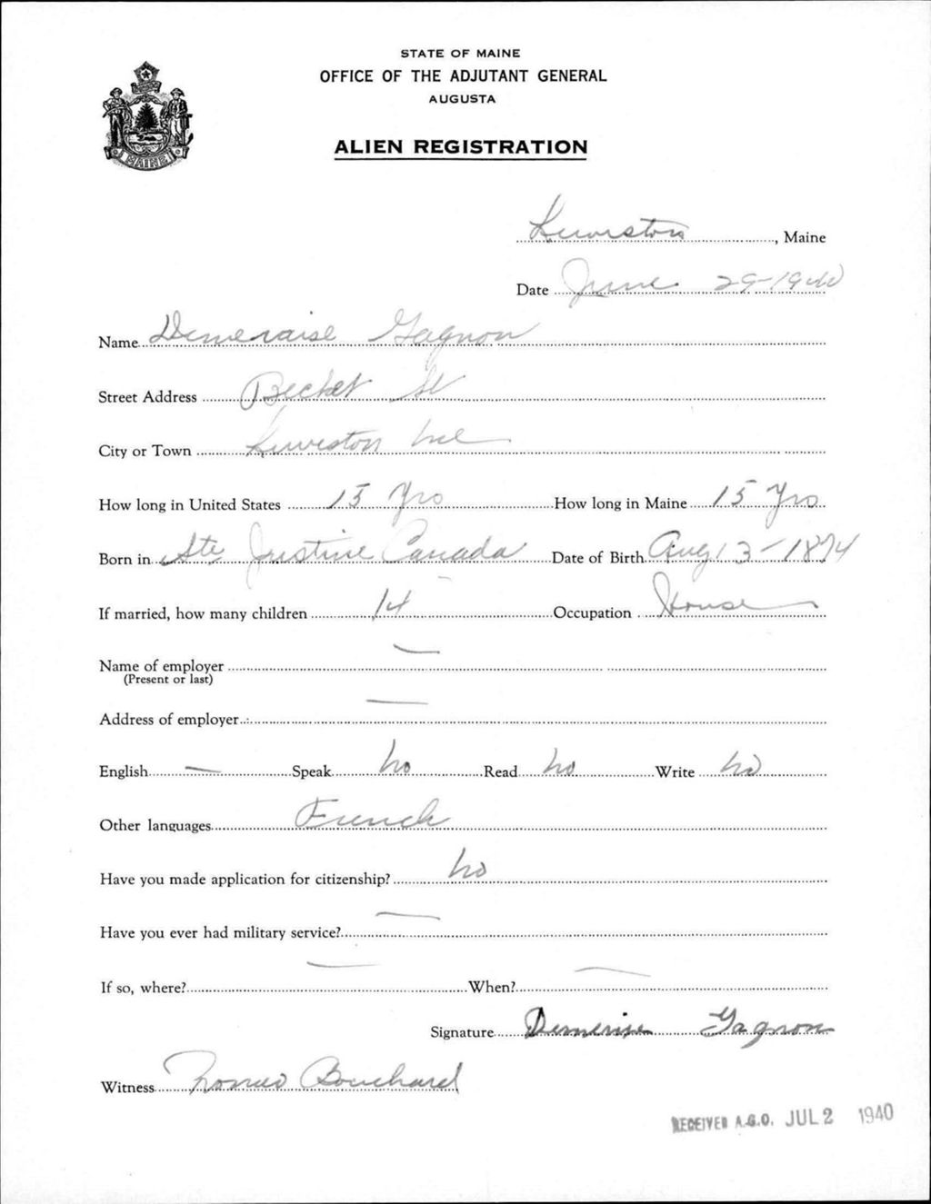 Miniature of Alien Registration- Gagnon, Deveraise (Lewiston, Androscoggin County)