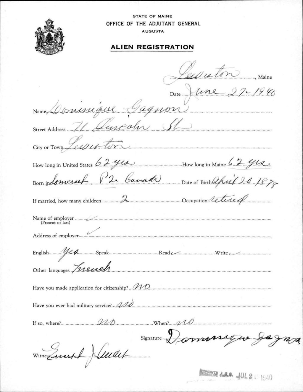 Miniature of Alien Registration- Gagnon, Dominique (Lewiston, Androscoggin County)