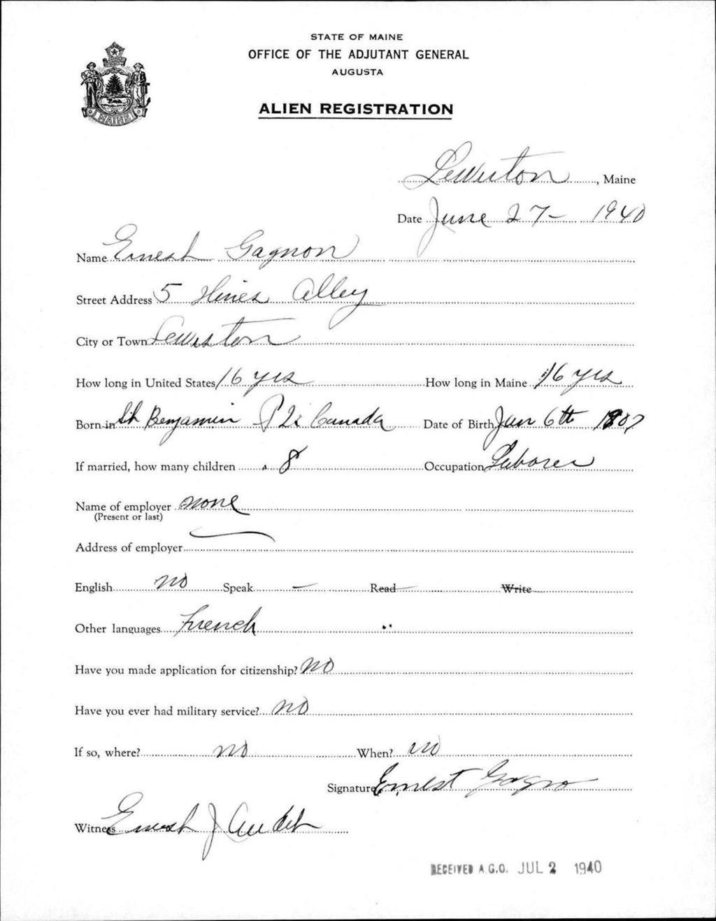 Miniature of Alien Registration- Gagnon, Ernest (Lewiston, Androscoggin County)