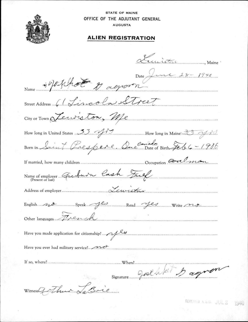 Miniature of Alien Registration- Gagnon, Joseph (Lewiston, Androscoggin County)