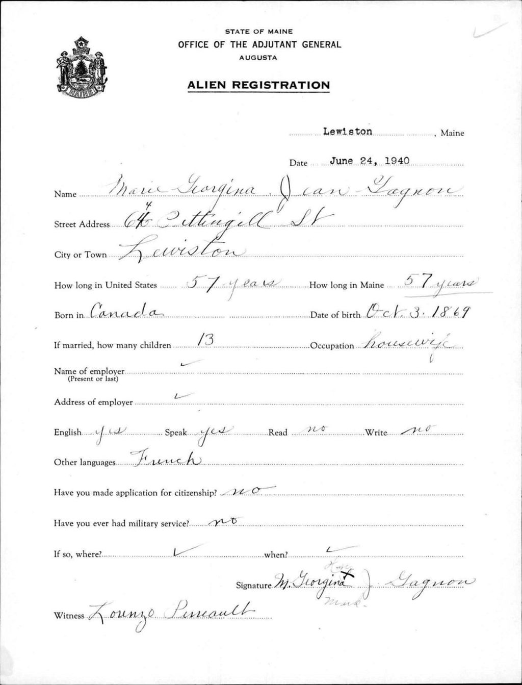 Miniature of Alien Registration- Gagnon, Marie Georgina J. (Lewiston, Androscoggin County)