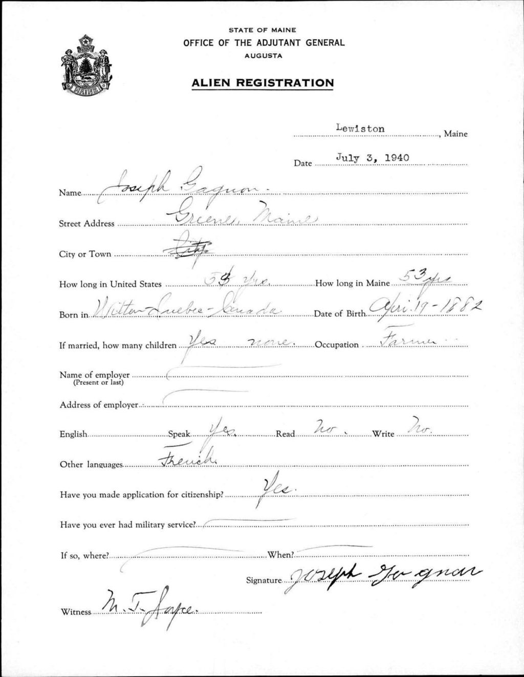 Miniature of Alien Registration- Gagnon, Joseph (Lewiston, Androscoggin County)
