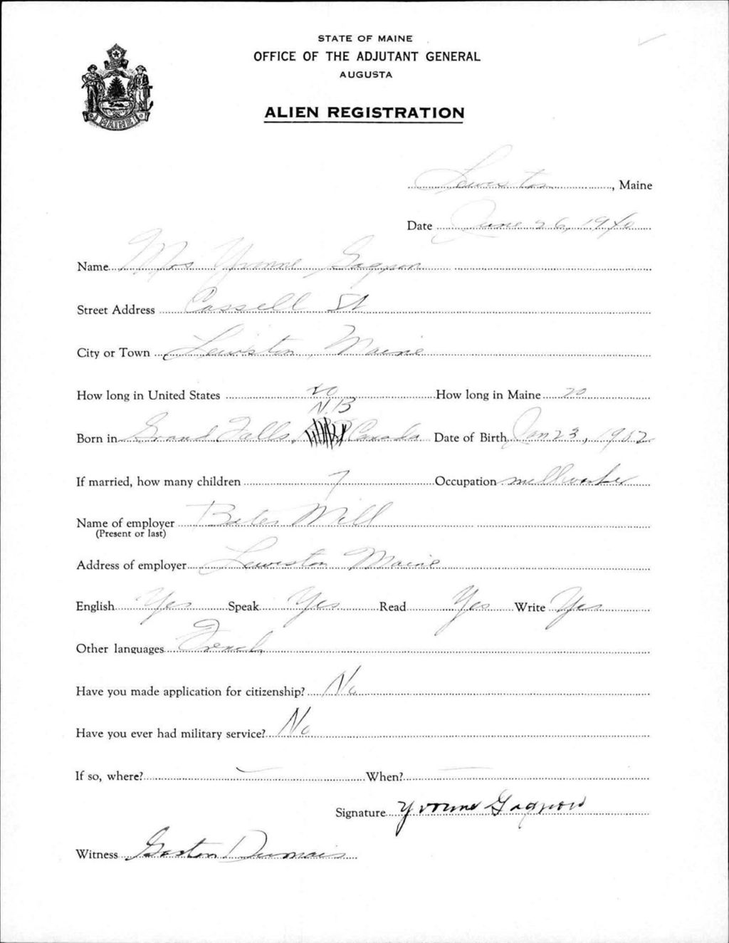 Miniature of Alien Registration- Gagnon, Yvonne (Lewiston, Androscoggin County)